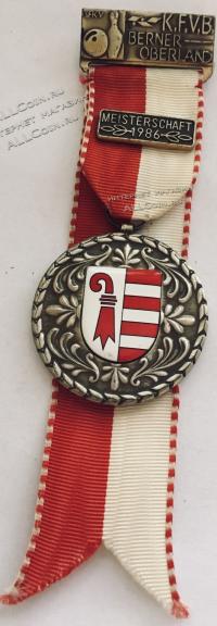 #327 Швейцария спорт Медаль Знаки. Кегельбан: чемпионат. Бернский Оберланд. 1986 год.