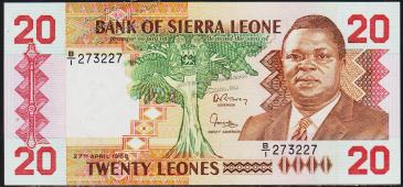 Банкнота Сьерра-Леоне 20 леоне 1988 года. P.16 UNC - Банкнота Сьерра-Леоне 20 леоне 1988 года. P.16 UNC