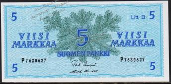 Финляндия 5 марок 1963г. P.106A - UNC "P-1" - Финляндия 5 марок 1963г. P.106A - UNC "P-1"