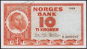 Норвегия 10 крон 1968г. P.31d(4) - UNC - Норвегия 10 крон 1968г. P.31d(4) - UNC