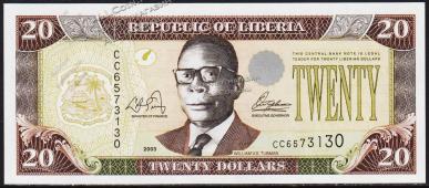 Либерия 20 долларов 2003г. P.28a - UNC - Либерия 20 долларов 2003г. P.28a - UNC