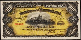 Парагвай 100 песо 1907г. P.159(2) - UNC - Парагвай 100 песо 1907г. P.159(2) - UNC