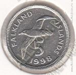 35-157 Фолклендские Острова 5 пенсов 1998г. КМ # 4.2 медно-никелевая 5,25гр. 18мм