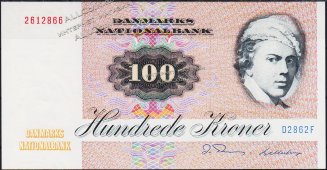 Банкнота Дания 100 крон 1972 (1986 года.) P.51о(D2-2) - UNC - Банкнота Дания 100 крон 1972 (1986 года.) P.51о(D2-2) - UNC