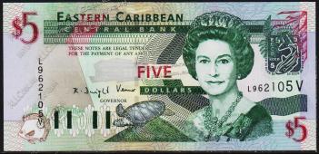 Восточные Карибы 5 долларов 2003г. Р.42V - UNC - Восточные Карибы 5 долларов 2003г. Р.42V - UNC