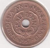 23-143 Родезия и Ньясаленд 1/2 пенни 1957г. бронза - 23-143 Родезия и Ньясаленд 1/2 пенни 1957г. бронза