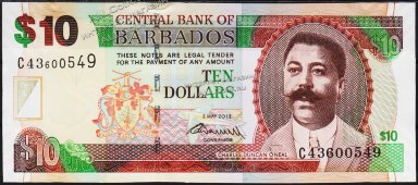 Банкнота Барбадос 10 долларов 2012 года. P.68с - UNC - Банкнота Барбадос 10 долларов 2012 года. P.68с - UNC