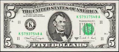 Банкнота США 5 долларов 1988А года. Р.481в - UNC "K" K-A - Банкнота США 5 долларов 1988А года. Р.481в - UNC "K" K-A