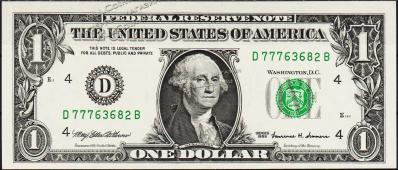 Банкнота США 1 доллар 1999 года. Р.504 UNC "D" D-B - Банкнота США 1 доллар 1999 года. Р.504 UNC "D" D-B