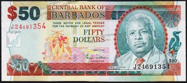 Банкнота Барбадос 50 долларов 2007 года. P.70а - UNC - Банкнота Барбадос 50 долларов 2007 года. P.70а - UNC