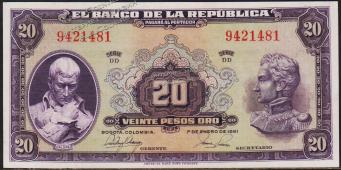 Колумбия 20 песо оро 1951г. P.392d(2) - UNC "7 цифр" - Колумбия 20 песо оро 1951г. P.392d(2) - UNC "7 цифр"