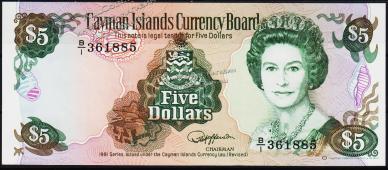 Каймановы острова 5 долларов 1991г. P.12 UNC - Каймановы острова 5 долларов 1991г. P.12 UNC