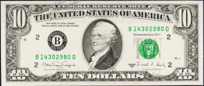 Банкнота США 10 долларов 1988А года. Р.482 UNC "B" B-D - Банкнота США 10 долларов 1988А года. Р.482 UNC "B" B-D