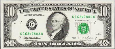 Банкнота США 10 долларов 1995 года. Р.499 UNC "G" G-C - Банкнота США 10 долларов 1995 года. Р.499 UNC "G" G-C
