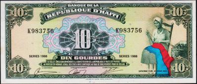 Банкнота Гаити 10 гурд 1988 года. P.247 UNC- - Банкнота Гаити 10 гурд 1988 года. P.247 UNC-