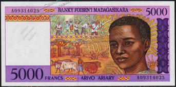 Мадагаскар 5000 франков (1000 ариари) 1995г. P.78в - UNC - Мадагаскар 5000 франков (1000 ариари) 1995г. P.78в - UNC