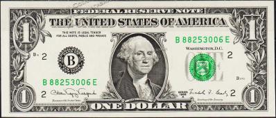 Банкнота США 1 доллар 1988A года Р.480в - UNC "B" B-E - Банкнота США 1 доллар 1988A года Р.480в - UNC "B" B-E