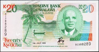 Банкнота Малави 20 квача 1993 года. P.27 UNC - Банкнота Малави 20 квача 1993 года. P.27 UNC