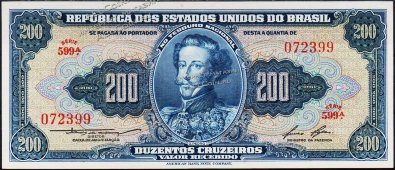 Банкнота Бразилия 200 крузейро 1955-59 года. P.154в - UNC - Банкнота Бразилия 200 крузейро 1955-59 года. P.154в - UNC