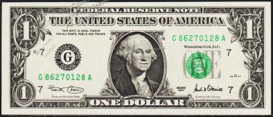 Банкнота США 1 доллар 2001 года. Р.509 UNC  "G" G-A - Банкнота США 1 доллар 2001 года. Р.509 UNC  "G" G-A