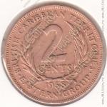 28-162 Восточные Карибы 2 цента 1958г. КМ # 3 бронза 9,55гр. 30,5мм. 