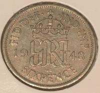#H4-81 Великобритания  6 пенcов 1948г. Серебро. UNC.