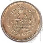 2-173 Цейлон 25 центов 1943 г. KM# 115 Никель-Латунь 2,74 гр. 19,3 мм.