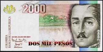 Банкнота Колумбия 2000 песо 23.07.2001 года. P.451в - UNC - Банкнота Колумбия 2000 песо 23.07.2001 года. P.451в - UNC