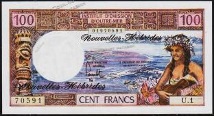 Банкнота Новые Гебриды 100 франков 1977 года. P.18d - UNC - Банкнота Новые Гебриды 100 франков 1977 года. P.18d - UNC