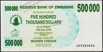 Зимбабве 500000 долларов 2007г. P.51 UNC - Зимбабве 500000 долларов 2007г. P.51 UNC