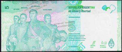Банкнота Аргентина 5 песо 2015 года. P.NEW - UNC "В"  - Банкнота Аргентина 5 песо 2015 года. P.NEW - UNC "В" 