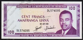 Банкнота Бурунди 100 франков 1990 года. P.29c(2) - UNC - Банкнота Бурунди 100 франков 1990 года. P.29c(2) - UNC