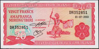 Бурунди 20 франков 2003г. P.27d(3) - UNC - Бурунди 20 франков 2003г. P.27d(3) - UNC