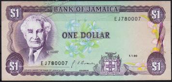 Банкнота Ямайка 1 доллар 1990 года. P.68А.d - UNC - Банкнота Ямайка 1 доллар 1990 года. P.68А.d - UNC