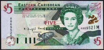 Восточные Карибы 5 долларов 2000г. Р.37м - UNC - Восточные Карибы 5 долларов 2000г. Р.37м - UNC