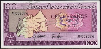 Руанда 100 франков 1971г. P.8с(1) - АUNC - Руанда 100 франков 1971г. P.8с(1) - АUNC