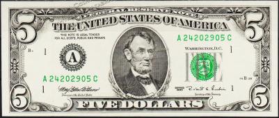 Банкнота США 5 долларов 1995 года. Р.498 UNC "A" A-C - Банкнота США 5 долларов 1995 года. Р.498 UNC "A" A-C