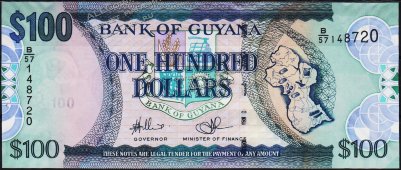 Банкнота Гайана 100 долларов 2006 (2012) года. P.36с - UNC - Банкнота Гайана 100 долларов 2006 (2012) года. P.36с - UNC