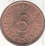 20-77 Сейшелы 5 центов 1948г. КМ # 7 UNC бронза 28,4м