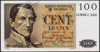 Бельгия 100 франков 1958г. Р.129с(2) - UNC- - Бельгия 100 франков 1958г. Р.129с(2) - UNC-