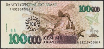 Бразилия 100 крузейро реал 1993г. P.238 UNC на 100.000 крузейро 1993г. - Бразилия 100 крузейро реал 1993г. P.238 UNC на 100.000 крузейро 1993г.