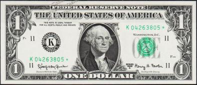 Банкнота США 1 доллар 1963А года Р.443в - UNC "K" K-Звезда - Банкнота США 1 доллар 1963А года Р.443в - UNC "K" K-Звезда