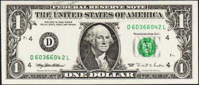 Банкнота США 1 доллар 1995 года. Р.496а - UNC "D" D-L - Банкнота США 1 доллар 1995 года. Р.496а - UNC "D" D-L