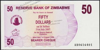Зимбабве 50 долларов 2006г. P.41 UNC - Зимбабве 50 долларов 2006г. P.41 UNC