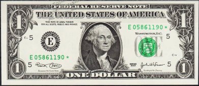 Банкнота США 1 доллар 2003 года. Р.515a - UNC "Е" E-Звезда - Банкнота США 1 доллар 2003 года. Р.515a - UNC "Е" E-Звезда