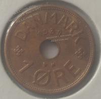 22-130 Дания 1 эре 1933г. Бронза.