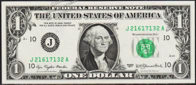 Банкнота США 1 доллар 1977 года. Р.462а - UNC "J" J-A - Банкнота США 1 доллар 1977 года. Р.462а - UNC "J" J-A