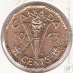 10-170 Канада 5 центов 1943г. КМ # 40 Латунь 21,2мм