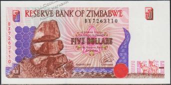 Зимбабве 5 долларов 1997г. P.5в - UNC - Зимбабве 5 долларов 1997г. P.5в - UNC