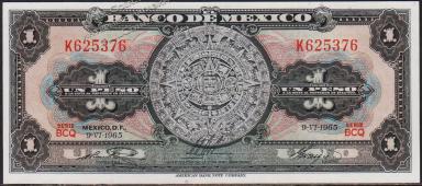 Мексика 1 песо 09.06.1965г. P.59i - XF+ "BCQ" - Мексика 1 песо 09.06.1965г. P.59i - XF+ "BCQ"